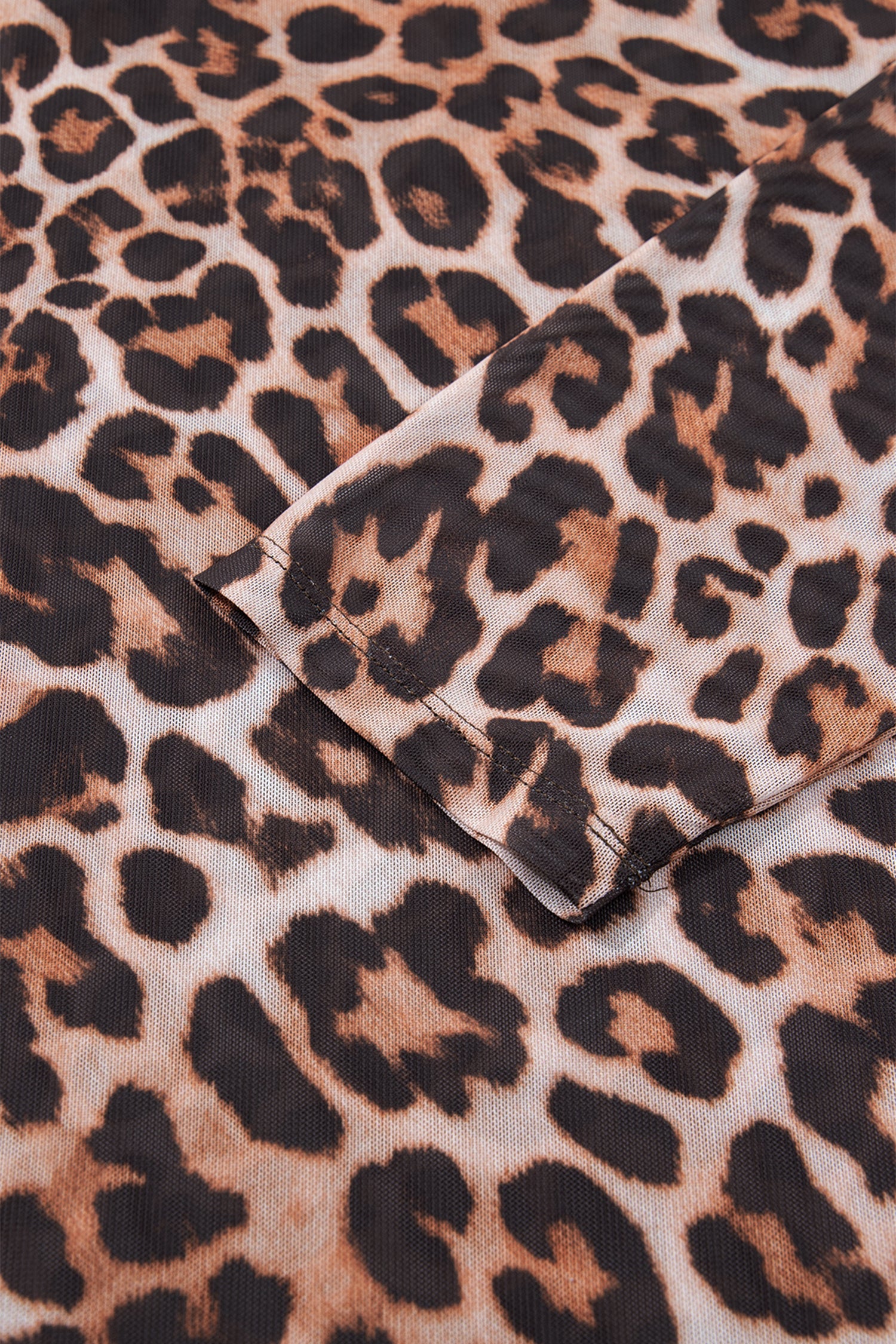 Brown Plus Size Mock Neck Leopard Mesh Top - Cowaa