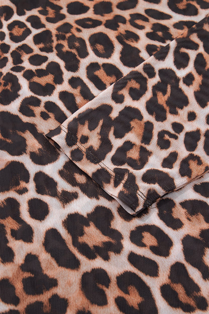 Brown Plus Size Mock Neck Leopard Mesh Top - Cowaa