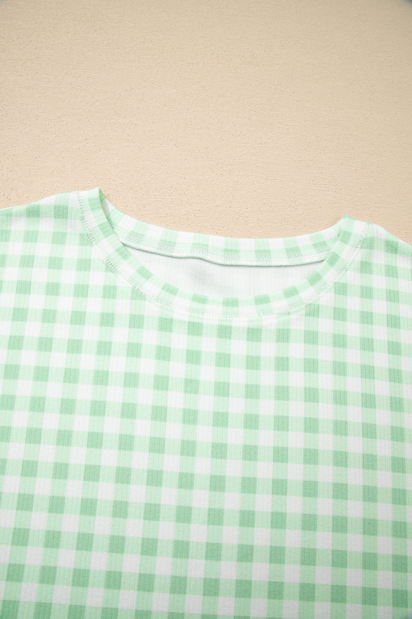 Green Gingham Long Sleeve Loose Top Drawstring Shorts 2pcs Lounge Set - Cowaa