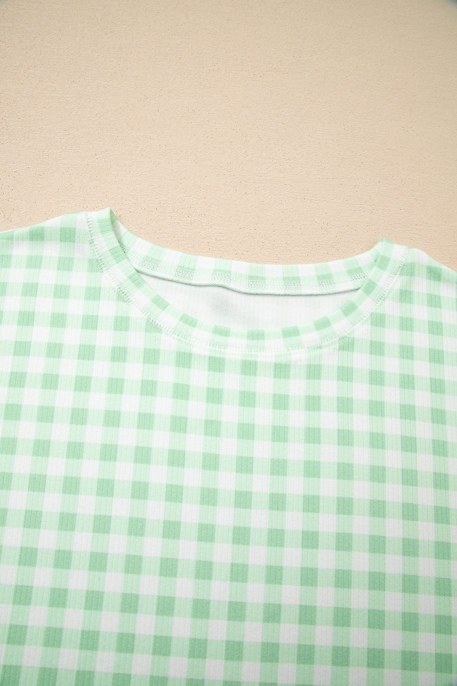 Green Gingham Long Sleeve Loose Top Drawstring Shorts 2pcs Lounge Set - Cowaa