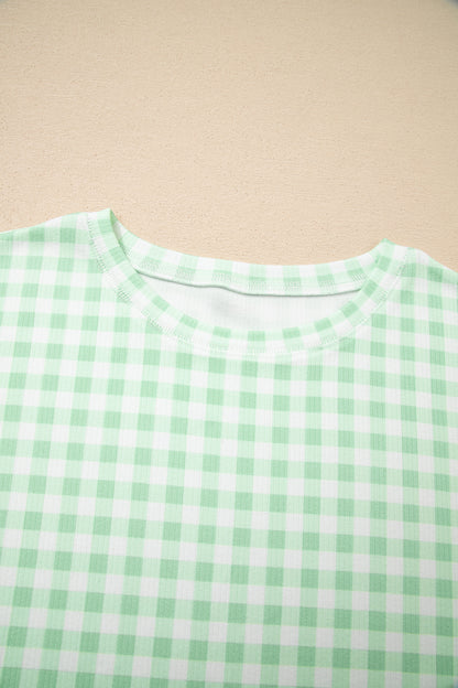 Green Gingham Long Sleeve Loose Top Drawstring Shorts 2pcs Lounge Set - Cowaa