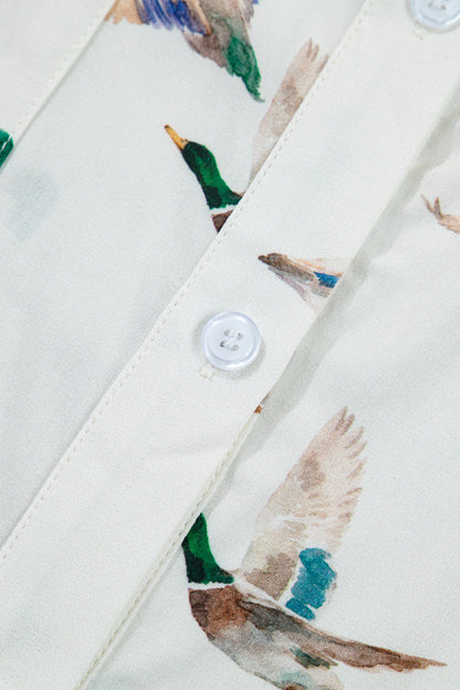White Mallard Printed Button Flap Pocket Short Sleeve Shirt