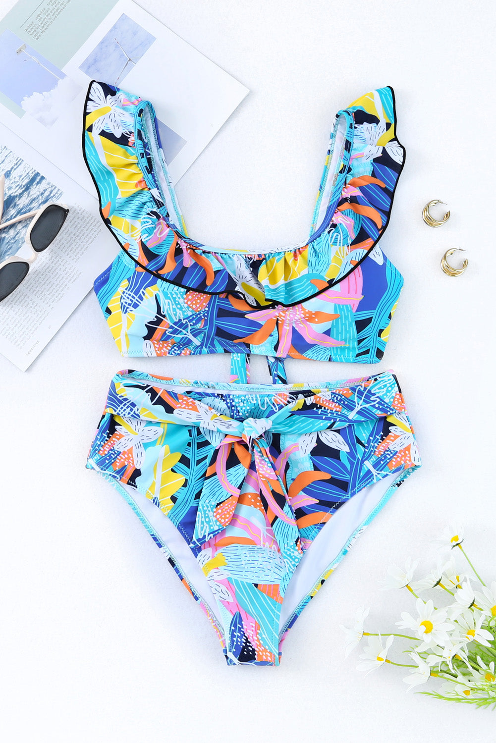 Green Tropical Print Ruffled Square Neck Tie High Waist Swimsuit - Cowaa