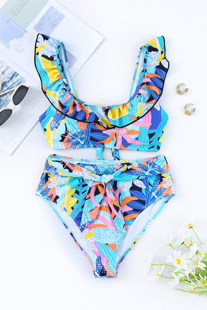 Green Tropical Print Ruffled Square Neck Tie High Waist Swimsuit - Cowaa