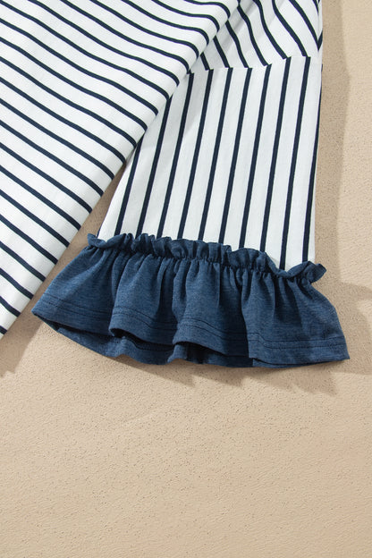 Blue Stripe V Neck Ruffle Contrast Sleeve Top Drawstring Pants 2pcs Set