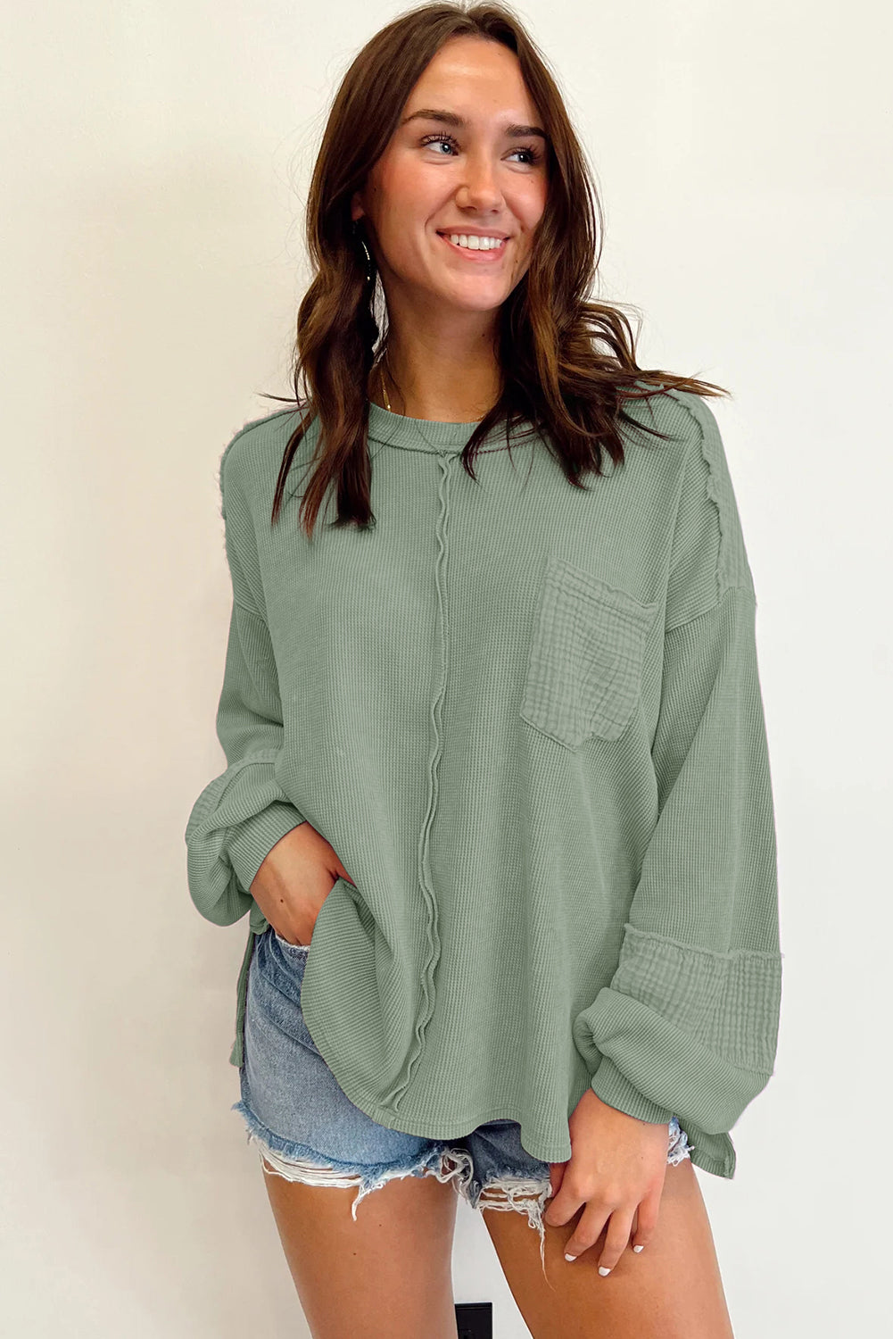 Crinkle Patchwork Long Sleeve Top - Cowaa