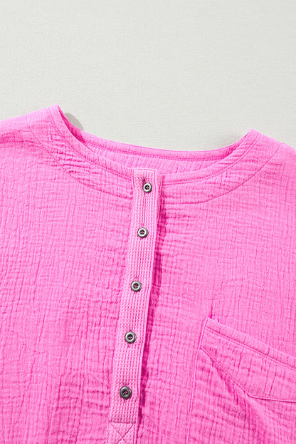 Bonbon Half Buttons Chest Pocket Drop Sleeve Plus Size Top - Cowaa