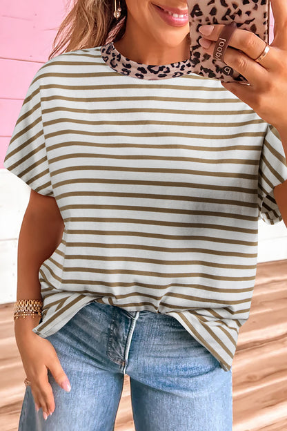 Khaki Stripe Leopard Patchwork Round Neck Loose T Shirt - Cowaa