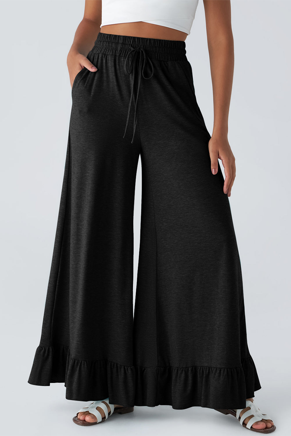 Dune Solid Color Ruffle Hem Wide Leg Pants - Cowaa