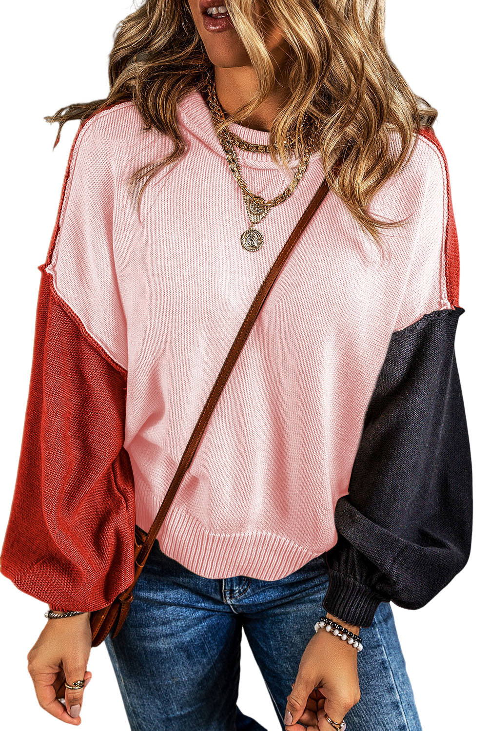 Bishop Sleeve Exposed Seam Ribbed Trim Sweater - Cowaa