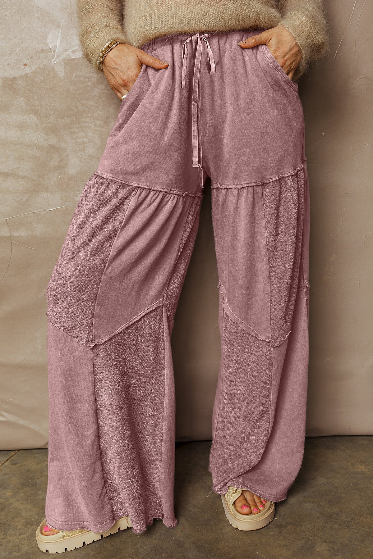 Straw Yellow Mineral Wash Tiered Wide Leg Patchwork Drawstring Pants - Cowaa