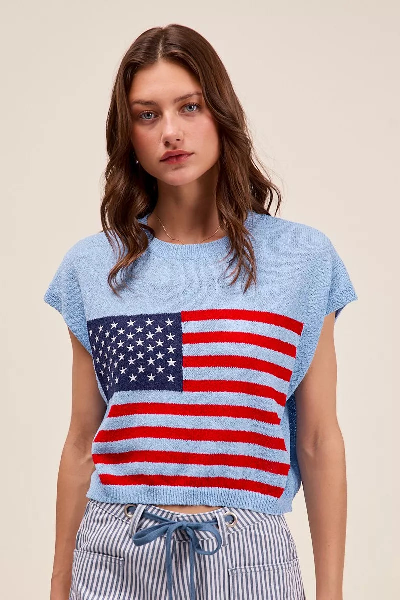 SO ME Fourth Of July American Flag Boxy Fit Sweater Top.