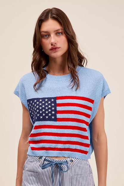 SO ME Fourth Of July American Flag Boxy Fit Sweater Top.