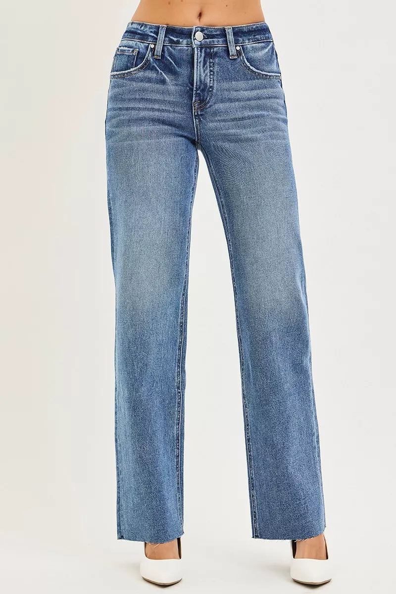 RISEN Tummy Control 4 Way Stretch Mid Rise Straight Jeans.