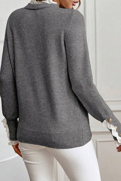 Sleet Lace Trim Patchwork Buttoned Cuffs Loose Sweater