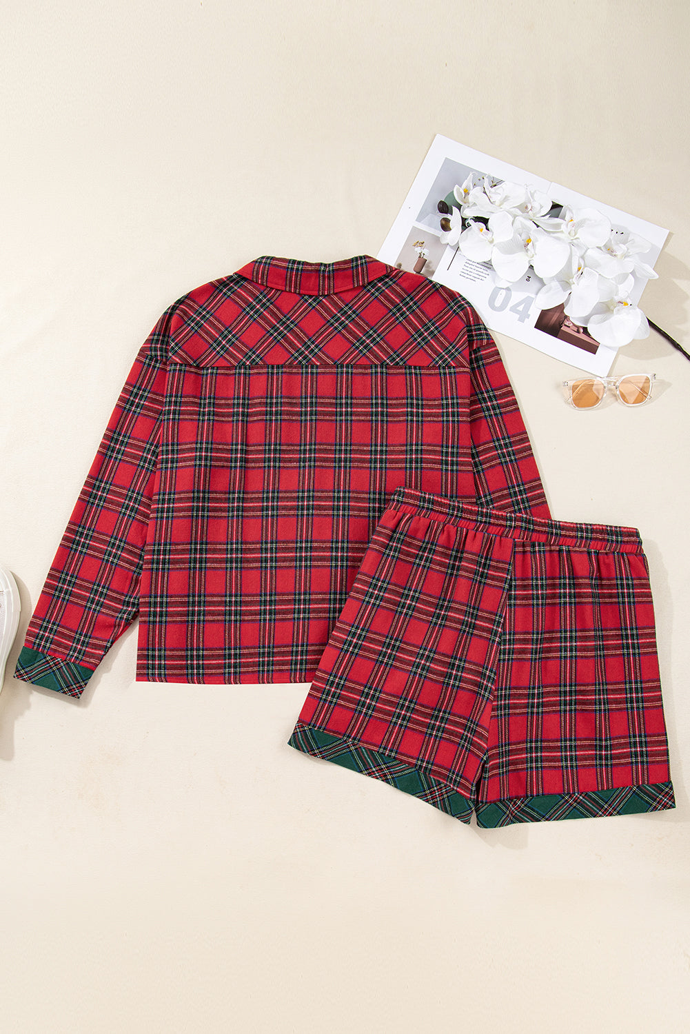 Red Plus Size Plaid Contrast Patchwork Long Sleeve Shirt and Shorts 2pcs Pajama Set - Cowaa