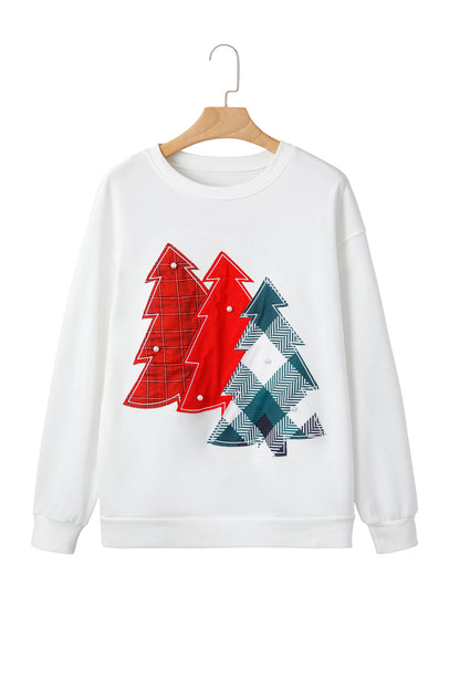 White Pearl Plaid Christmas Tree Patched Drop Shoulder Sweatshirt