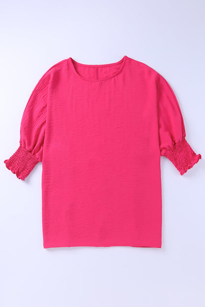 Apricot Solid Casual Smocked Cuffs Batwing Sleeve Blouse - Cowaa