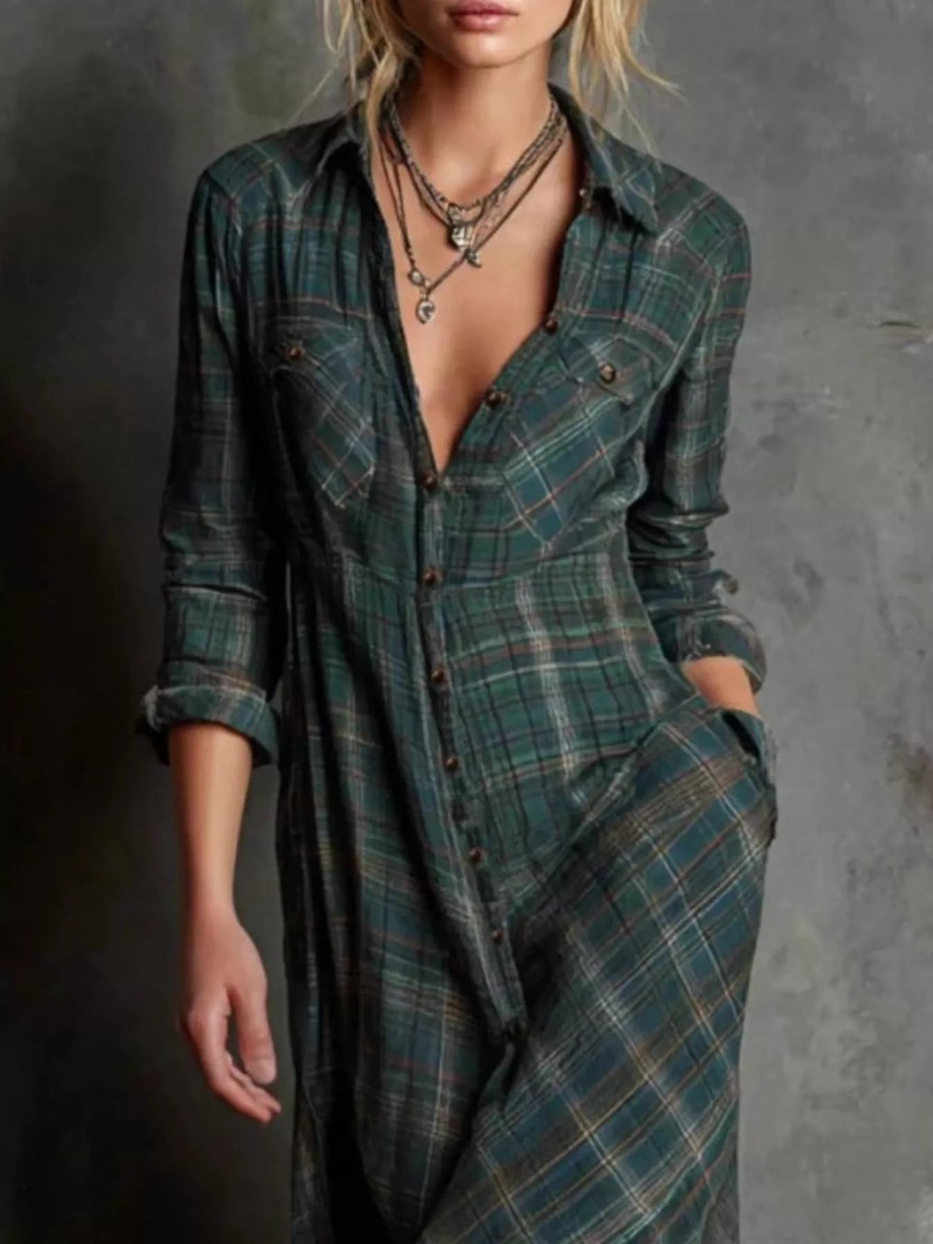 Full Size Plaid Button-Down Maxi Dress Plus Size.