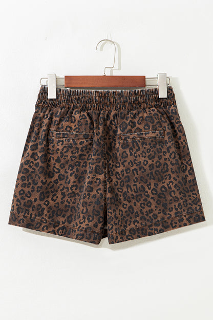 Brown Leopard Print Elastic Waist Drawstring Denim Skort - Cowaa