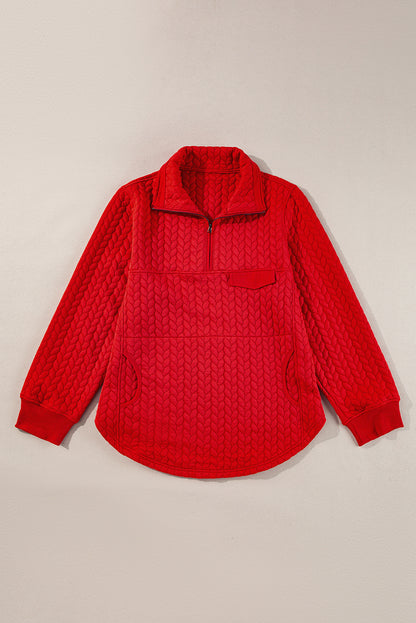 Tomato Red Cable Textured Quarter Zip Pocketed Plus Size Pullover - Cowaa