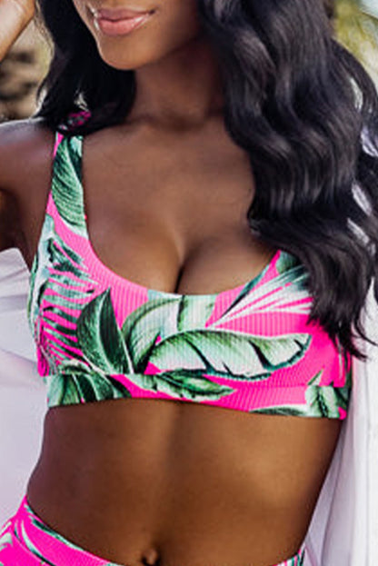 Rose Tropical Plant Print Ribbed Bikini Top - Cowaa