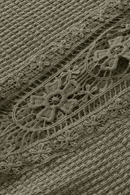 Oatmeal Guipure Lace Splicing Back Waffle Textured T-shirt - Cowaa