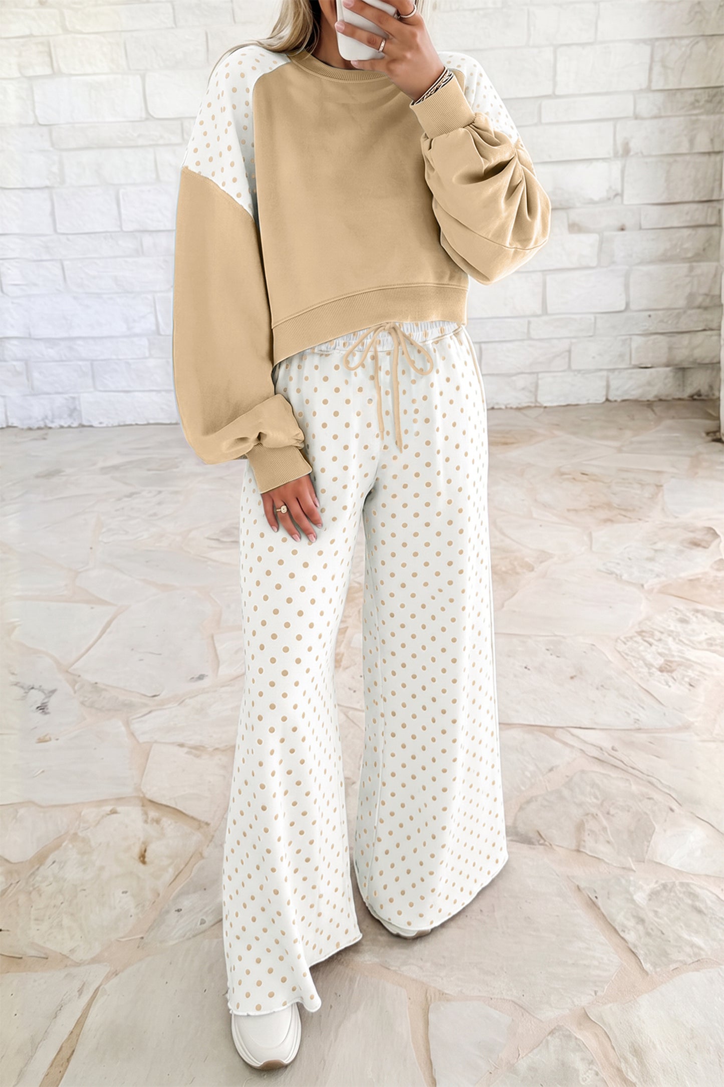 Light Blue Polka Dot Patchwork Colorblock Long Sleeve Casual Two Piece Pants Set