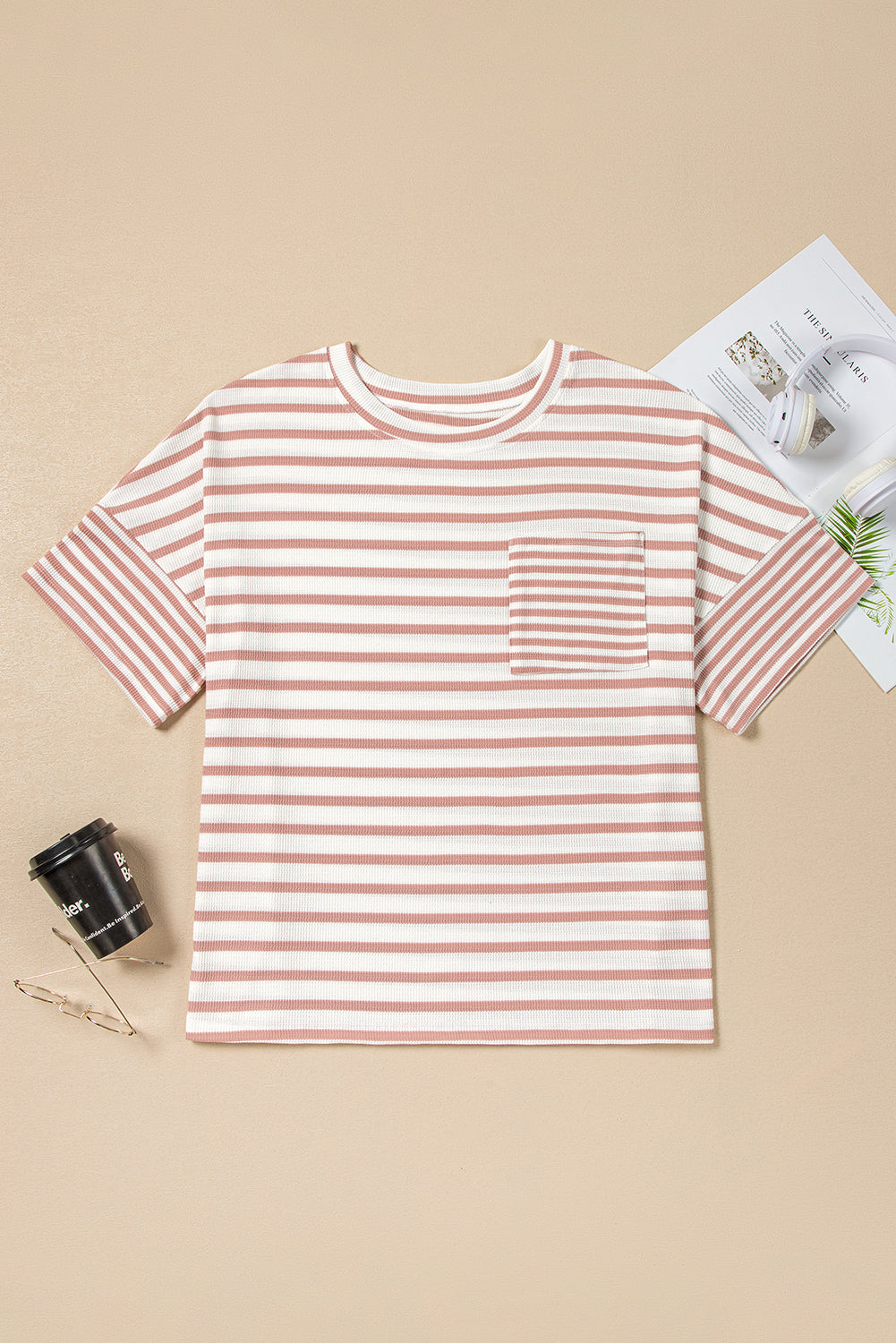 Pink Stripe Waffle Knit Pocket Half Sleeve Plus Size T Shirt