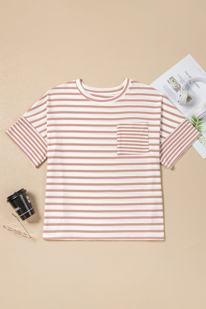 Pink Stripe Waffle Knit Pocket Half Sleeve Plus Size T Shirt