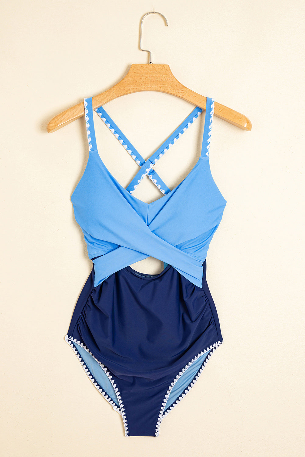 Beau Blue Ric Rac Trim Contrasted Patchwork Cutout One Piece Swimsuit - Cowaa