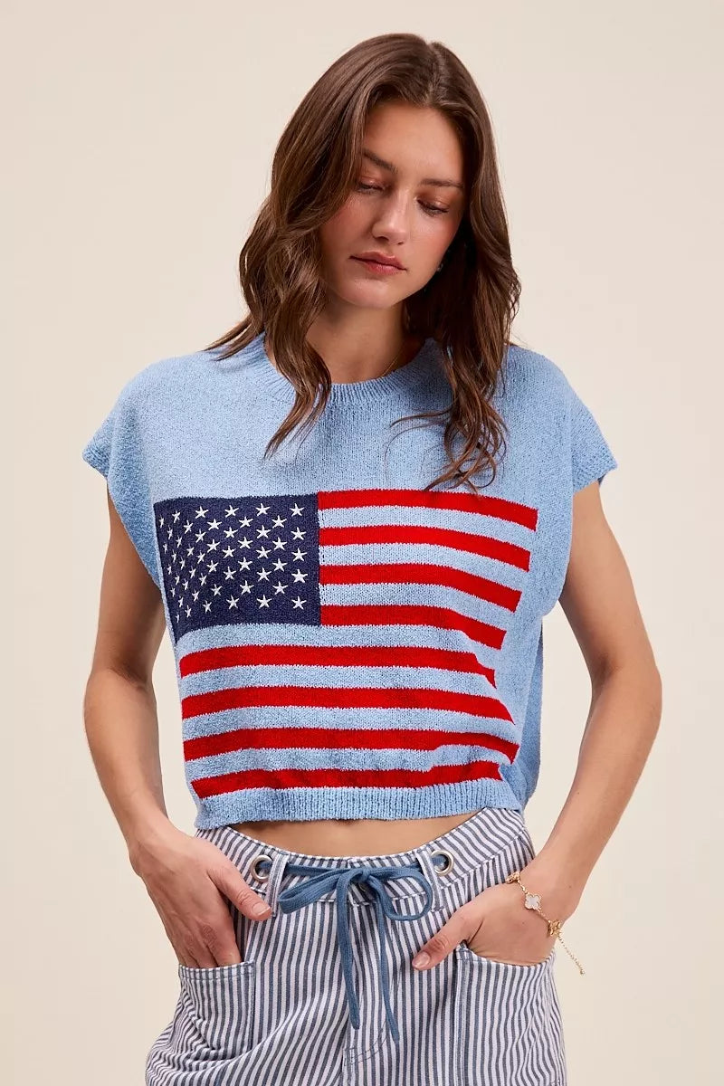 SO ME Fourth Of July American Flag Boxy Fit Sweater Top.
