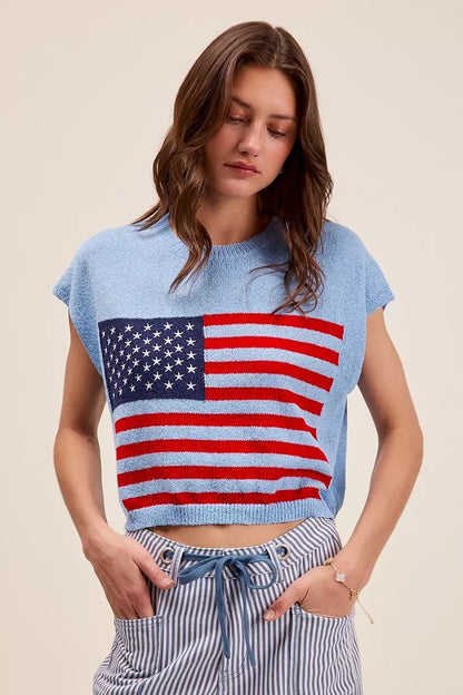 SO ME Fourth Of July American Flag Boxy Fit Sweater Top.
