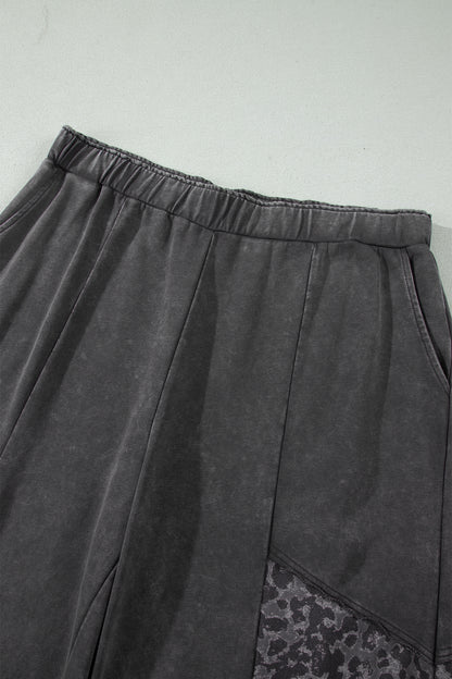 Dark Grey Plus Size Leopard Patchwork Mineral Wash Wide Leg Pants