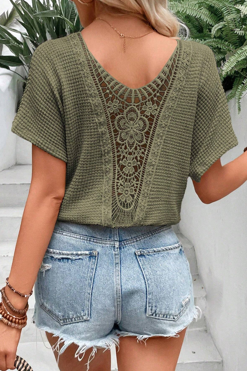 Oatmeal Guipure Lace Splicing Back Waffle Textured T-shirt - Cowaa