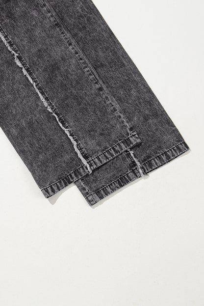 Blue Light Wash Frayed Exposed Seam Wide Leg Denim Overalls - Cowaa