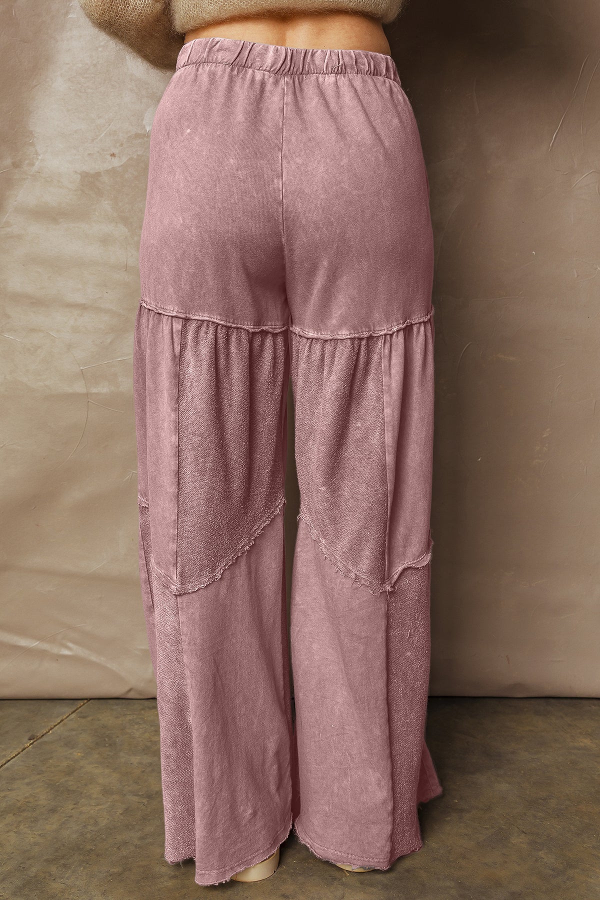 Straw Yellow Mineral Wash Tiered Wide Leg Patchwork Drawstring Pants - Cowaa