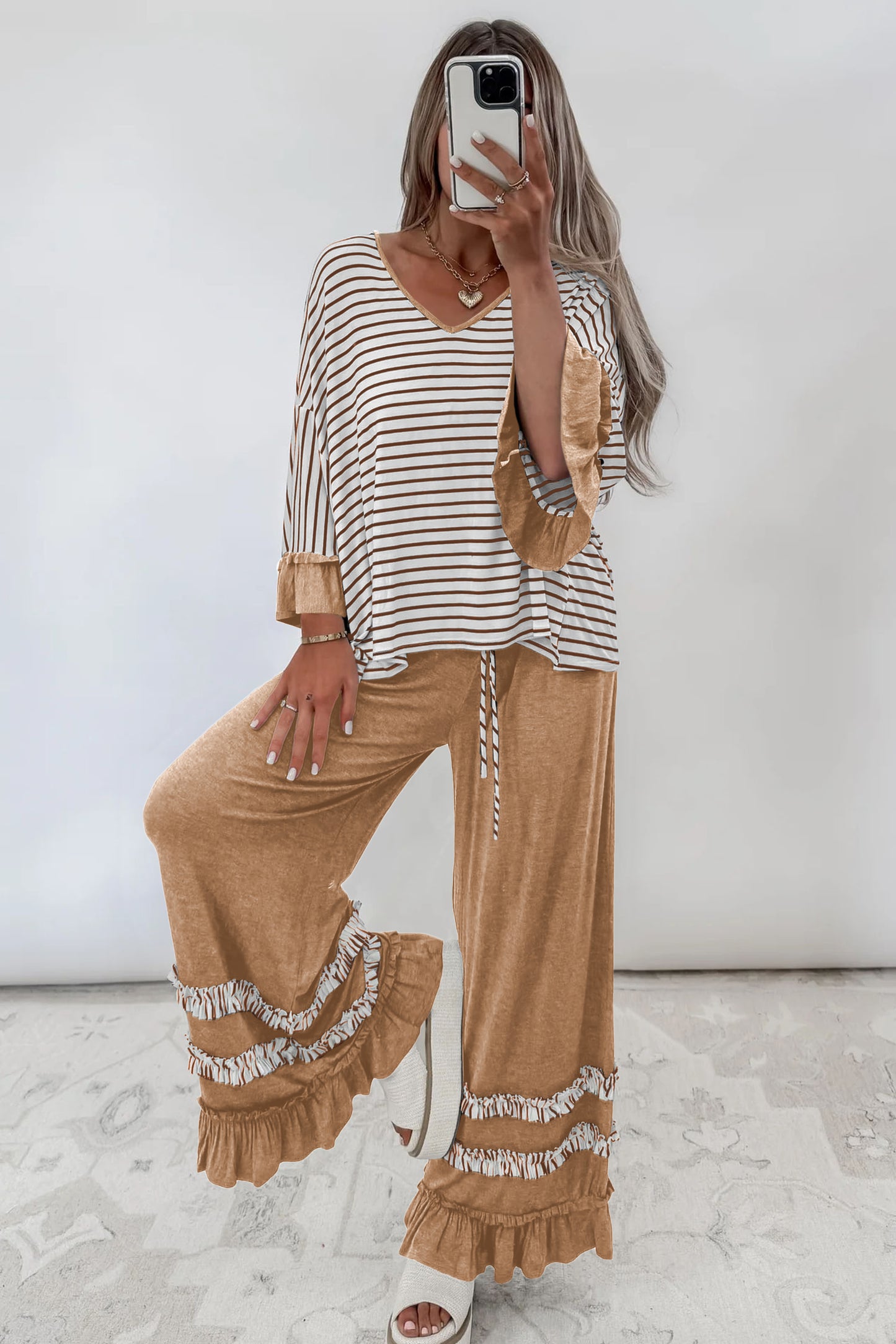 Blue Stripe V Neck Ruffle Contrast Sleeve Top Drawstring Pants 2pcs Set