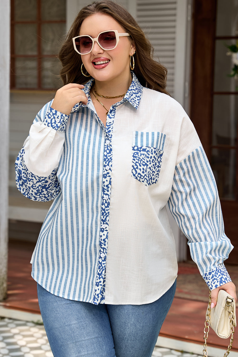Sky Blue Leopard Striped Patchwork Casual Plus Size Shirt