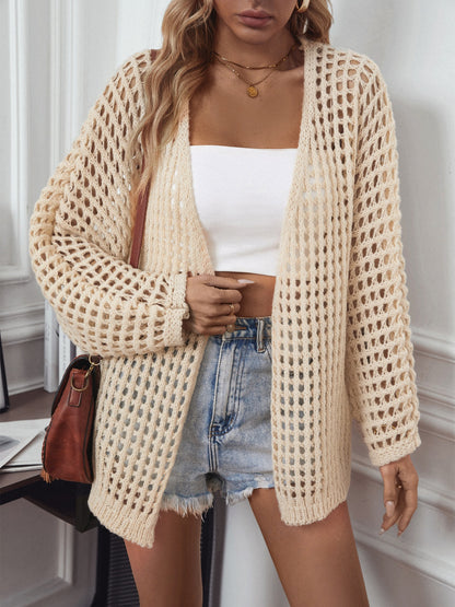 Openwork Open Front Long Sleeve Cardigan - Cowaa