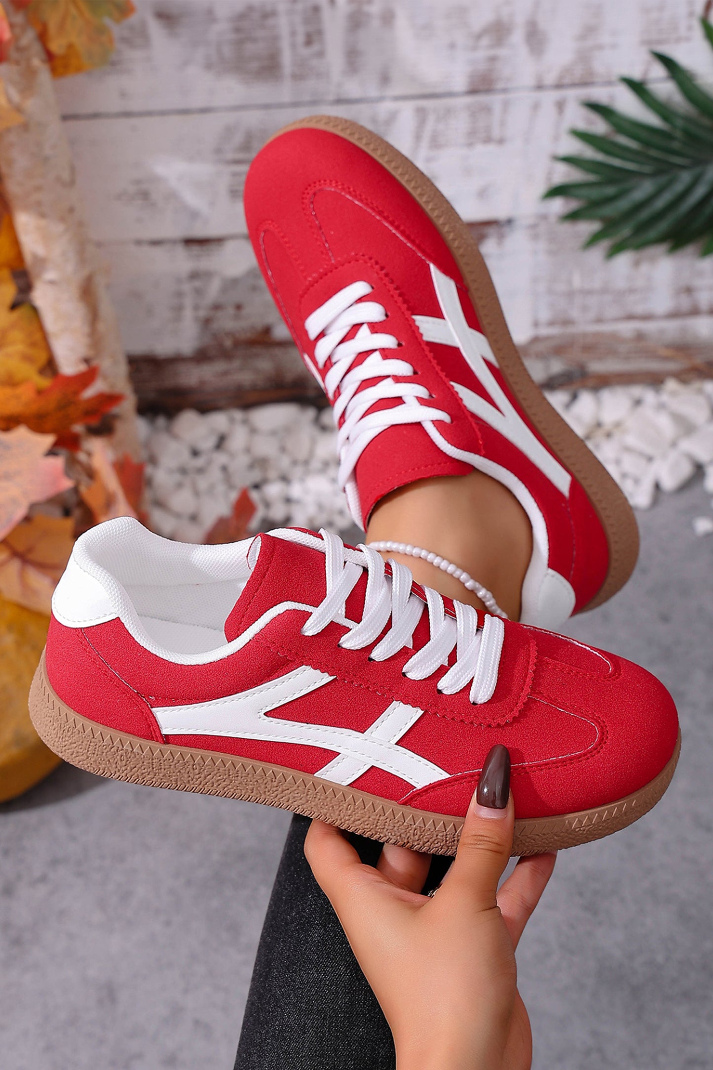 Racing Red Faux Suede Contrast Patchwork Detail Lace Up Flat Sneakers - Cowaa