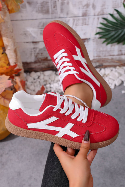 Racing Red Faux Suede Contrast Patchwork Detail Lace Up Flat Sneakers - Cowaa