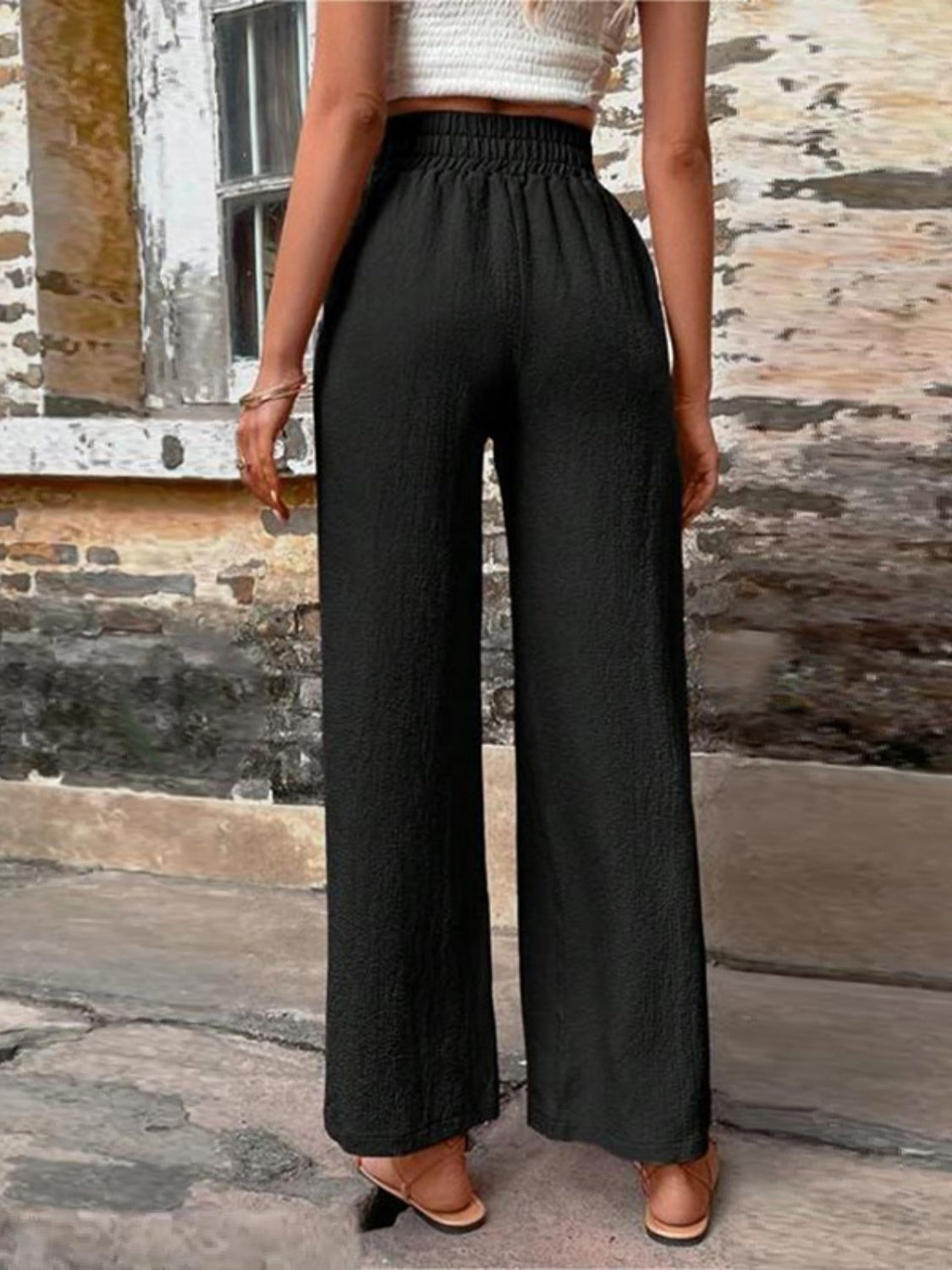 Tied High Waist Wide Leg Pants with Pockets - Cowaa