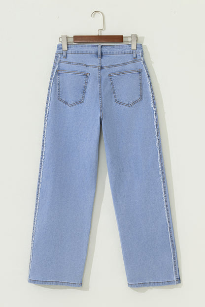 Beau Blue Contrast Stripe Frayed Side Panel Patchwork Shift Jeans - Cowaa