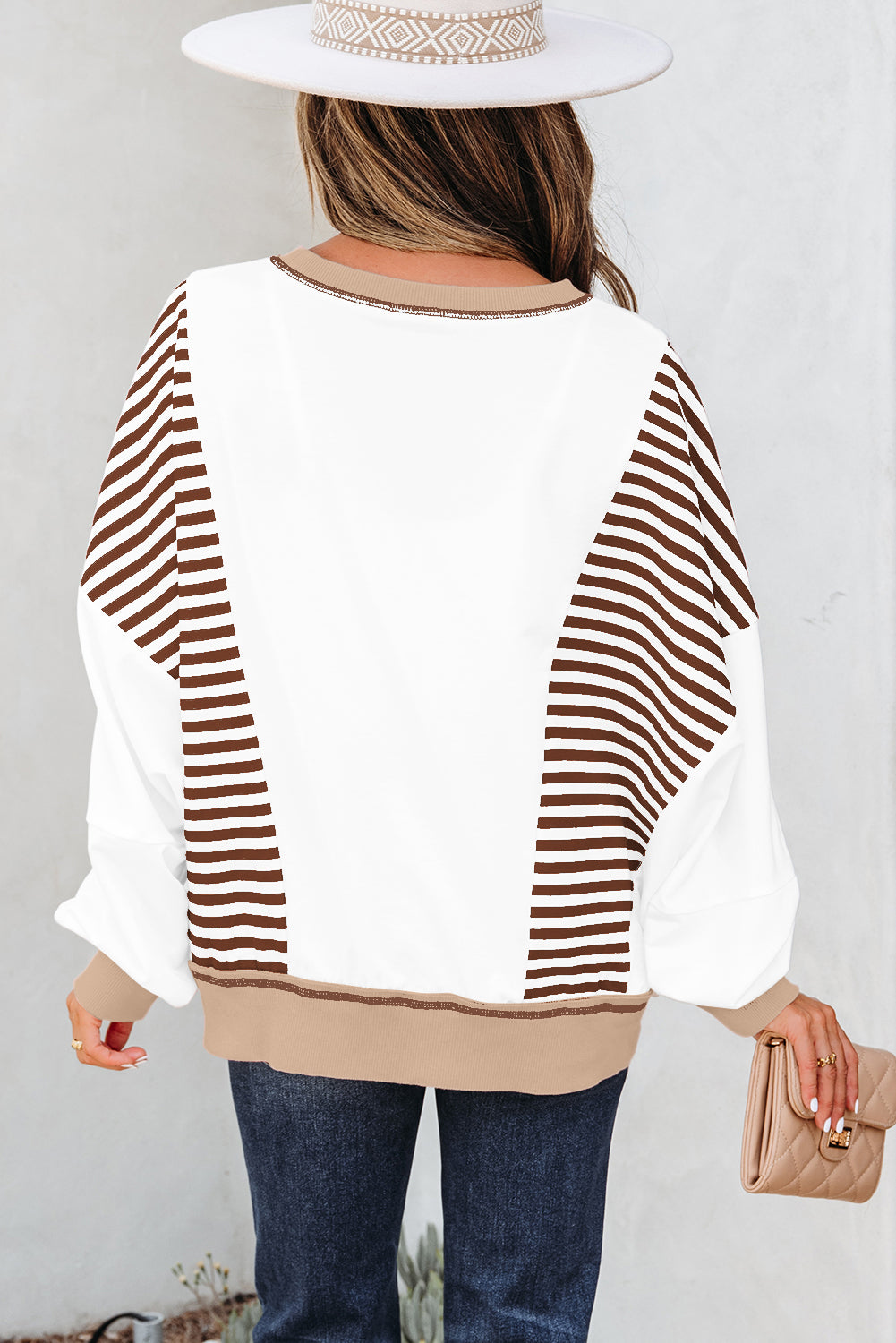 Brown Stripe Colorblock Patchwork Contrast Stitching Oversize Sweatshirt - Cowaa