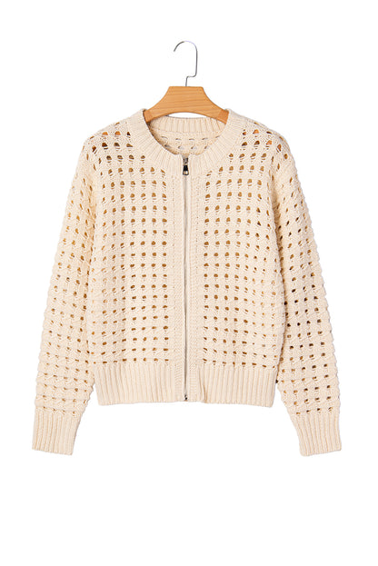 Beige Hollowed Pattern Knit Zip Up Drop Shoulder Sweater Cardigan