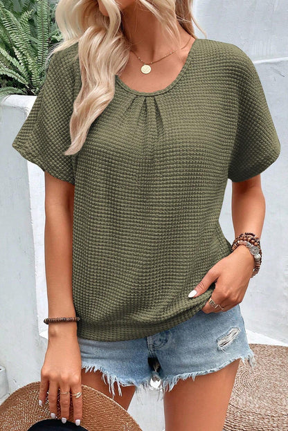 Oatmeal Guipure Lace Splicing Back Waffle Textured T-shirt - Cowaa