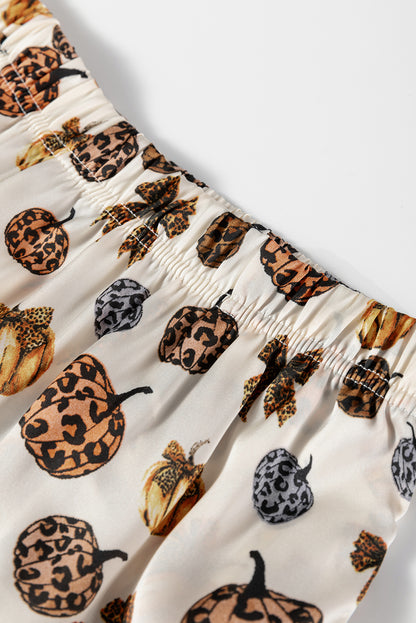 Beige Leopard Pumpkin Allover Halloween 2pcs Pajama Set - Cowaa