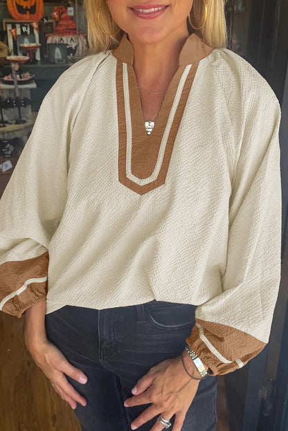 Jet Stream Colorblock Contrast V-neck Long Sleeve Blouse