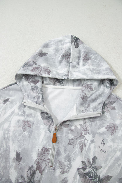 Gray Camo Leaf Print Kangaroo Pocket Quarter Zip Hoodie